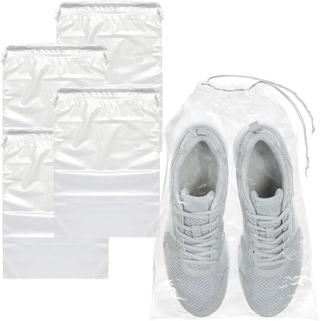 Travel Shoe Bags 10" x 14". Pack of 50 Clear Plastic 2 mil Pouches with Drawstring Closures for Packing and Storing. Waterproof Portable Storage for Shoes; Sneakers; Boots. For Men & Women.