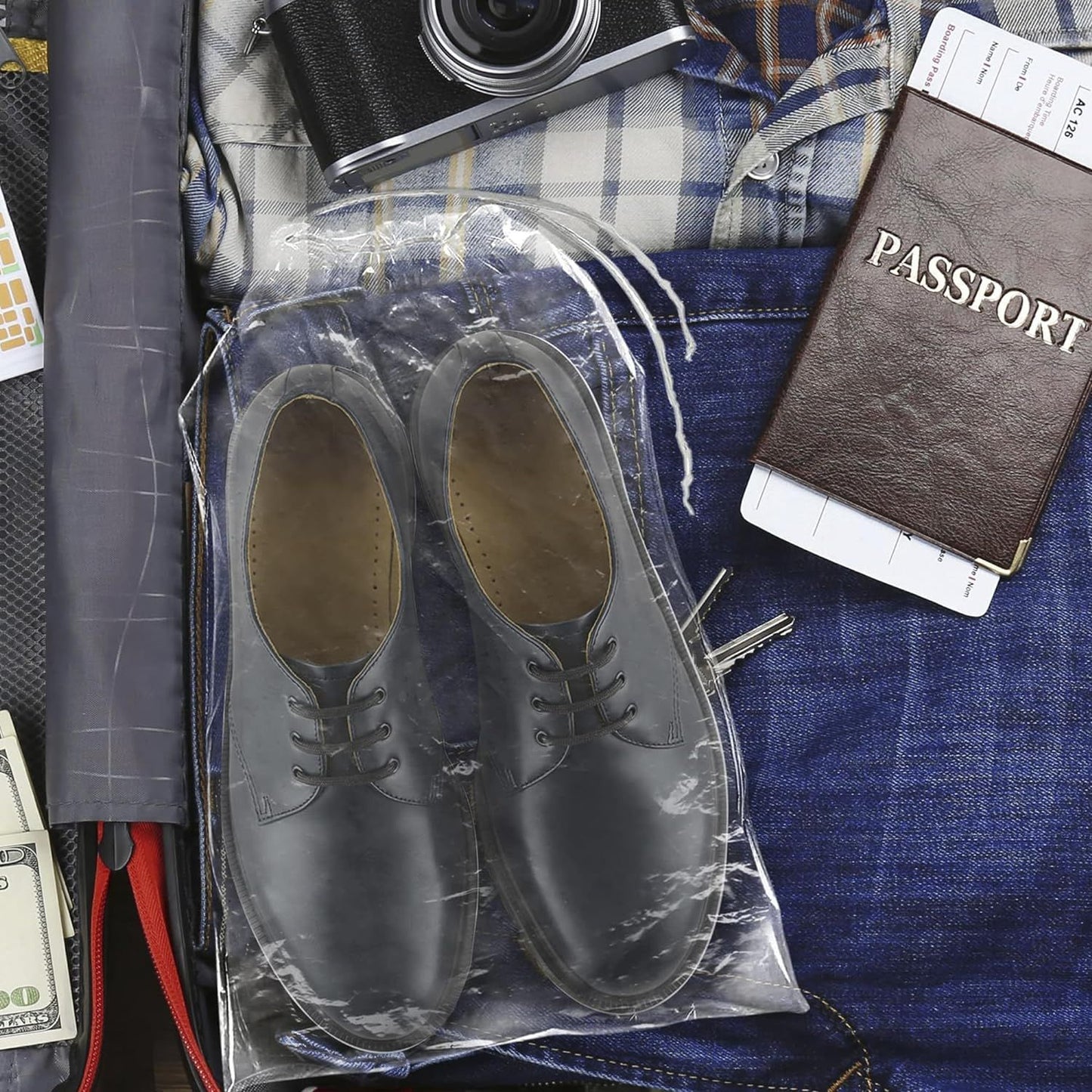 Travel Shoe Bags 10" x 14". Pack of 50 Clear Plastic 2 mil Pouches with Drawstring Closures for Packing and Storing. Waterproof Portable Storage for Shoes; Sneakers; Boots. For Men & Women.