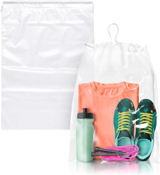 Clear Drawstring Travel Bags for Shoes, 12 x 16 Inches. Pack of 100 Waterproof Dust Bags for Shoes with Double Cotton Drawstrings. 2 mil PE Plastic Drawstring Bags for Packing, Storage