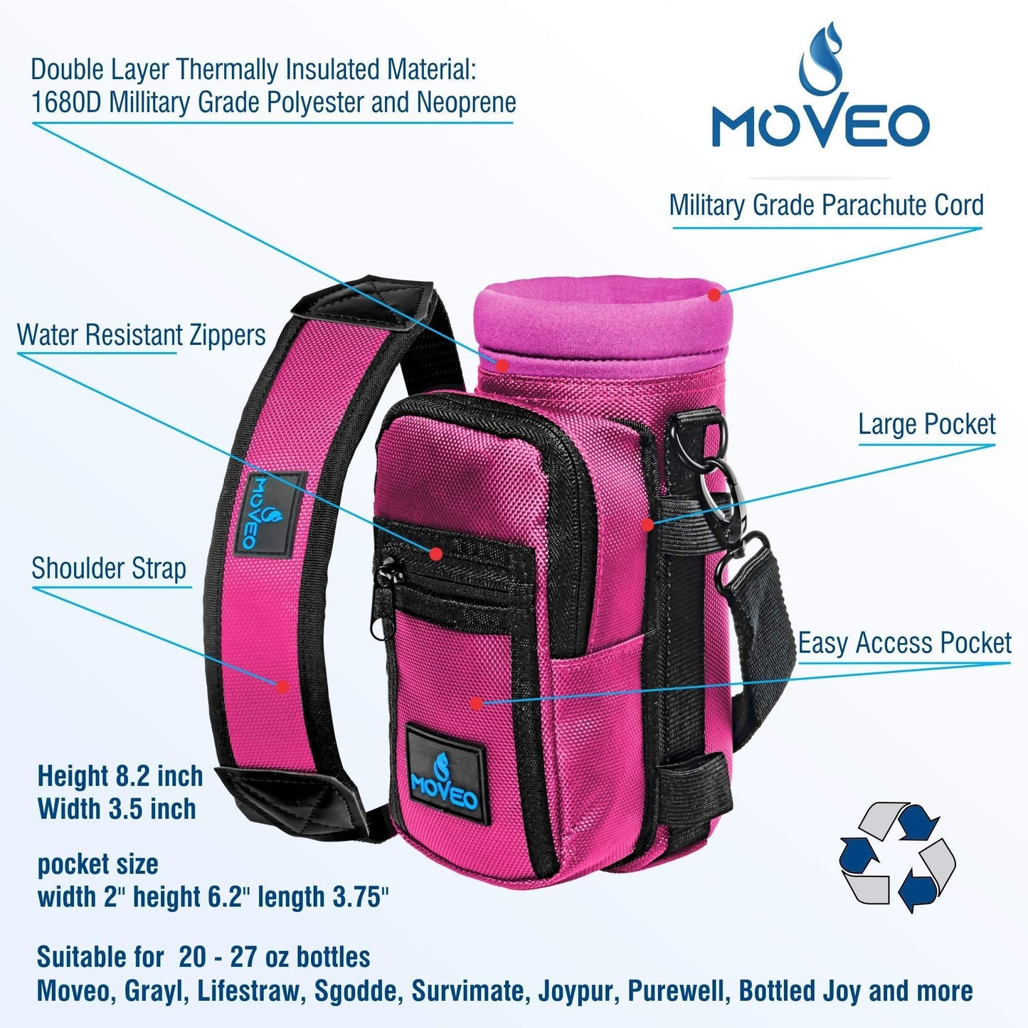 Water Bottle Holder Carrier Bottle Cooler w Adjustable Shoulder Strap and Front Pockets Suitable for 16 oz to 25oz Bottles