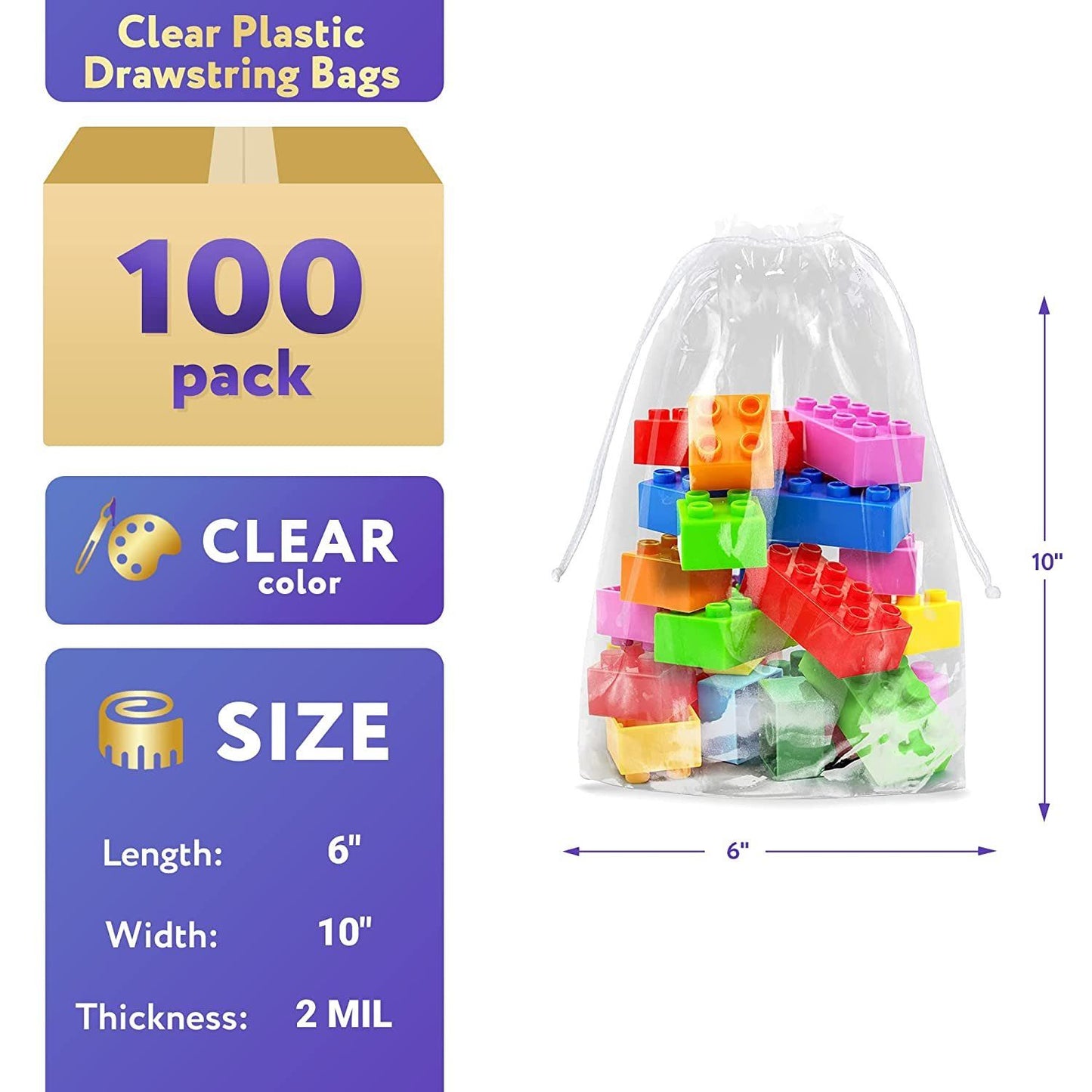 Pack of 100 Clear Plastic Drawstring Bags 6" x 10". Polyethylene 2 Mil Clear Bags for Gifts; Drawstring Gift Bags. Water-Resistant Plastic Shoe Bags 6x10 for Travel with Double Cotton Drawstrings