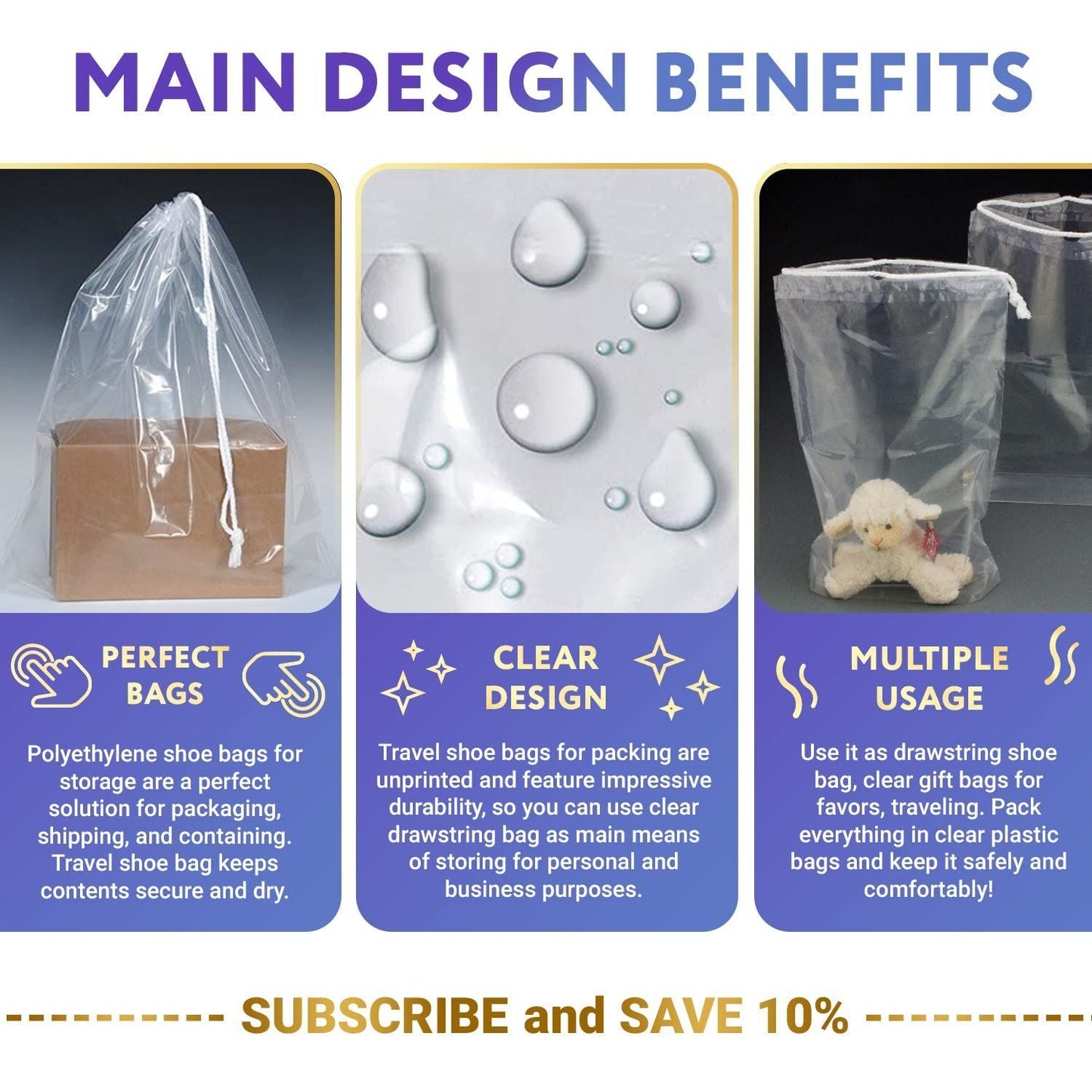 Pack of 100 Clear Plastic Drawstring Bags 6" x 10". Polyethylene 2 Mil Clear Bags for Gifts; Drawstring Gift Bags. Water-Resistant Plastic Shoe Bags 6x10 for Travel with Double Cotton Drawstrings