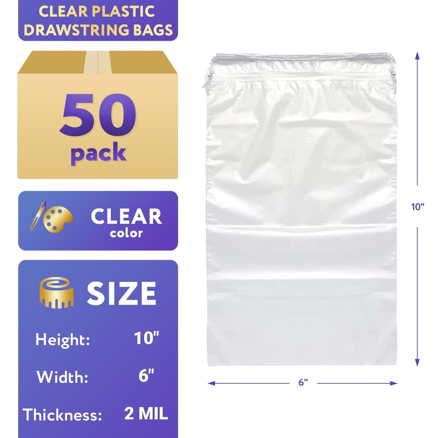 Clear Drawstring Bag, 6 x 10 Inches. Pack of 50 Clear Plastic Drawstring Bags. 2 Mil Drawstring Clear Plastic Bags. Waterproof Clear Plastic Bags Drawstring for Cosmetics, Toiletries