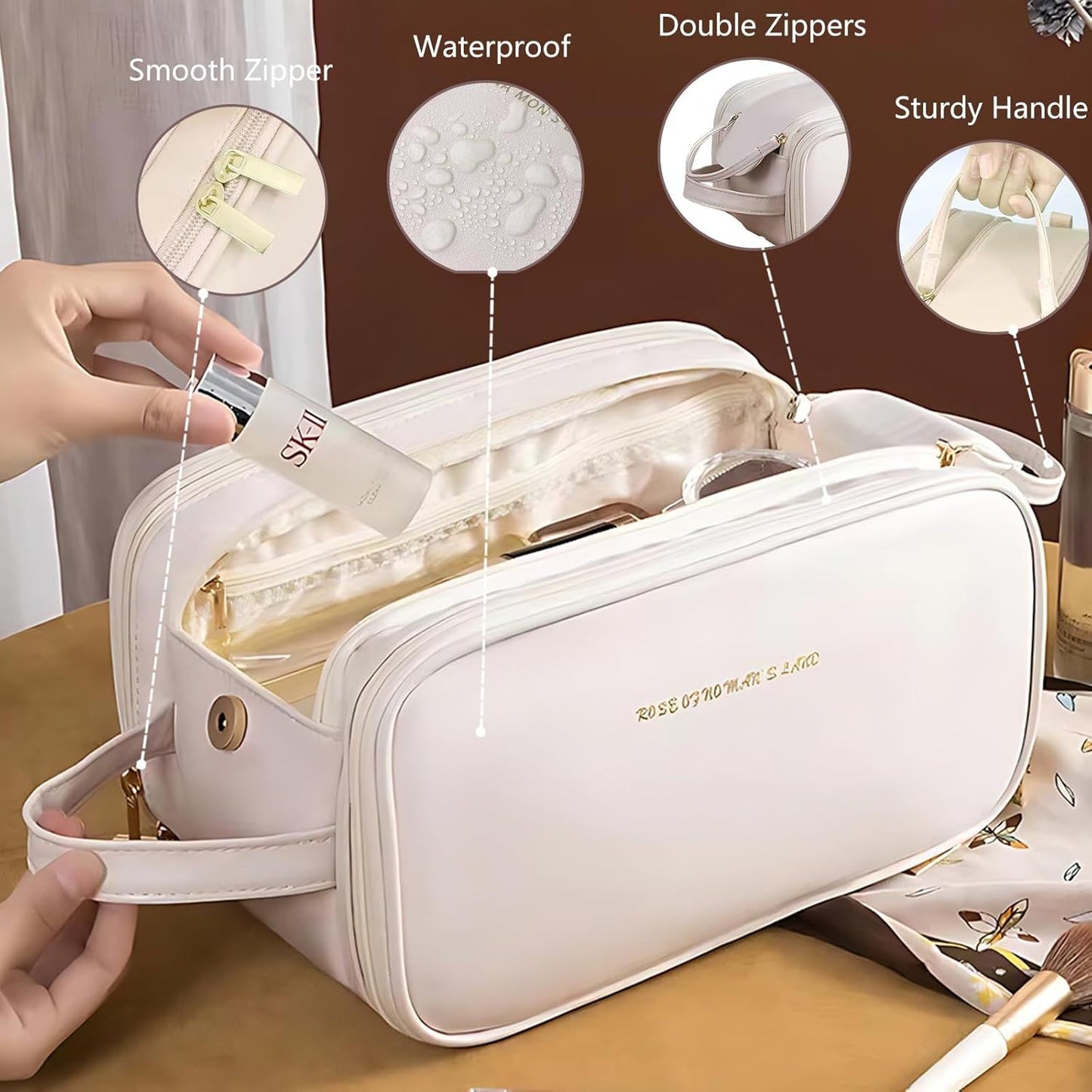 Wholesale custom Travel large capacity pu cosmetic bag zipper toiletry makeup bag