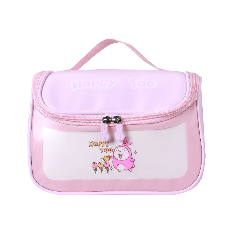 Custom logo wholesale travel waterproof happy too cosmetic bag pu pvc hanging clear washbag with visible window