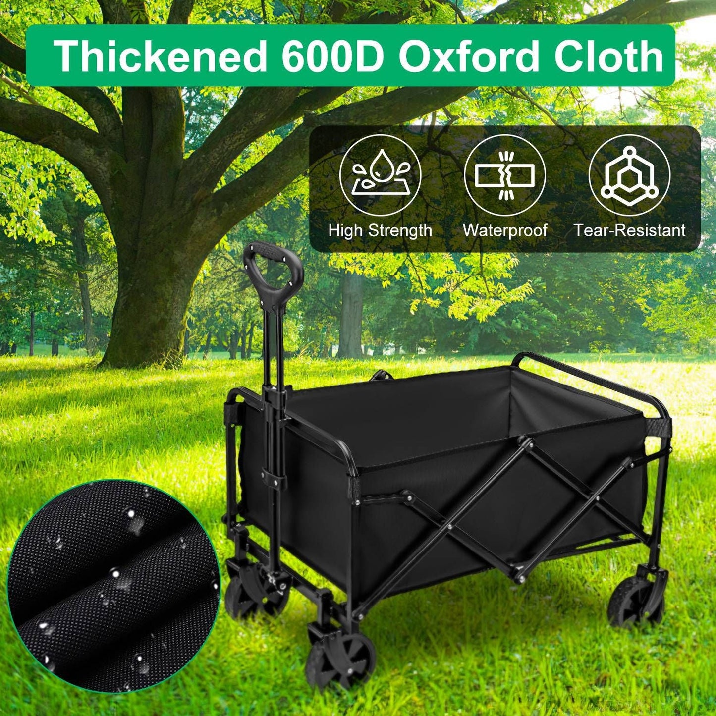 5in Wheel No Brake 100L Collapsible Folding Wagon Cart With Adjustable Handle 220LBS Load Capacity Heavy Duty Foldable Utility Outdoor Wagon For Camping Shopping Garden