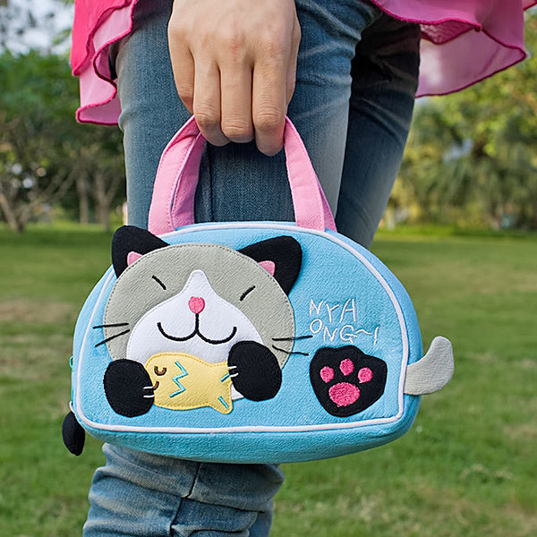 [Kitty Loves Fish] Embroidered Applique Kids Mini Handbag / Cosmetic Bag / Travel Wallet (7.1*4.3*2)