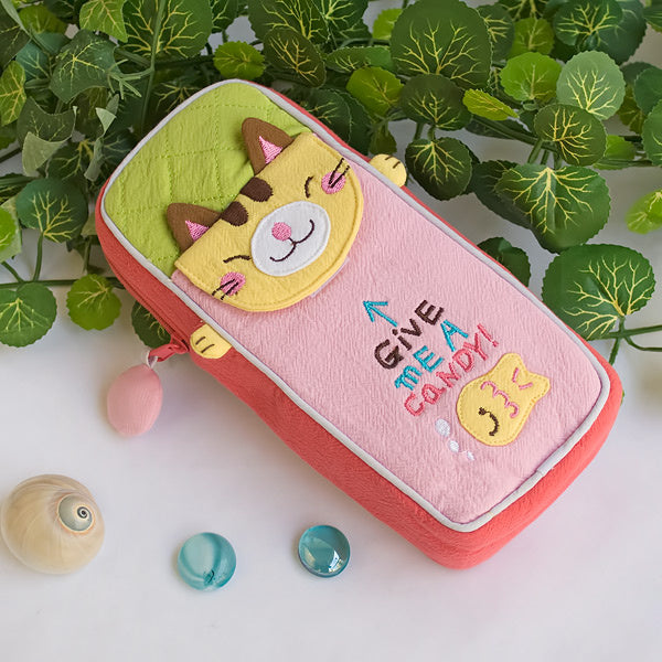 [Candy Cat] Embroidered Applique Pencil Pouch Bag / Cosmetic Bag / Carrying Case (3.1*7.8*1.6)