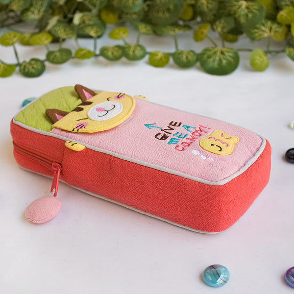 [Candy Cat] Embroidered Applique Pencil Pouch Bag / Cosmetic Bag / Carrying Case (3.1*7.8*1.6)