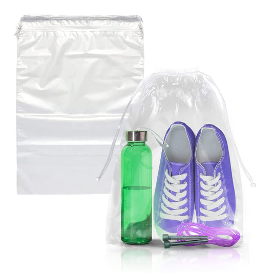Clear Drawstring Bag, 9 x 12 Inches. 50 Pack Clear Plastic Drawstring Bags. 2 Mil Double Drawstring Clear Bags. Waterproof Bags for Goodies, Travel Essentials, Shoe Organizer Bags