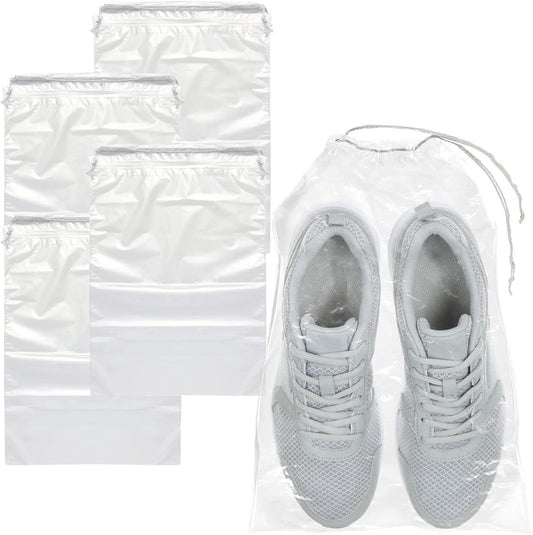 Travel Shoe Bags 10" x 14". Pack of 50 Clear Plastic 2 mil Pouches with Drawstring Closures for Packing and Storing. Waterproof Portable Storage for Shoes; Sneakers; Boots. For Men & Women.