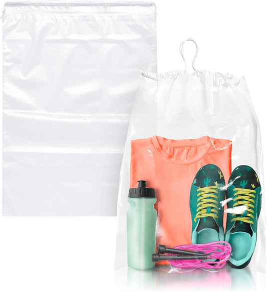 Clear Drawstring Travel Bags for Shoes, 12 x 16 Inches. Pack of 100 Waterproof Dust Bags for Shoes with Double Cotton Drawstrings. 2 mil PE Plastic Drawstring Bags for Packing, Storage