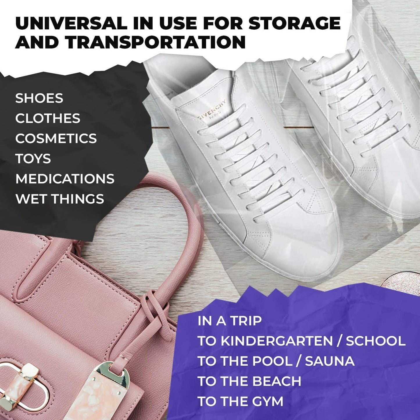 Clear Drawstring Travel Bags for Shoes, 12 x 16 Inches. Pack of 100 Waterproof Dust Bags for Shoes with Double Cotton Drawstrings. 2 mil PE Plastic Drawstring Bags for Packing, Storage