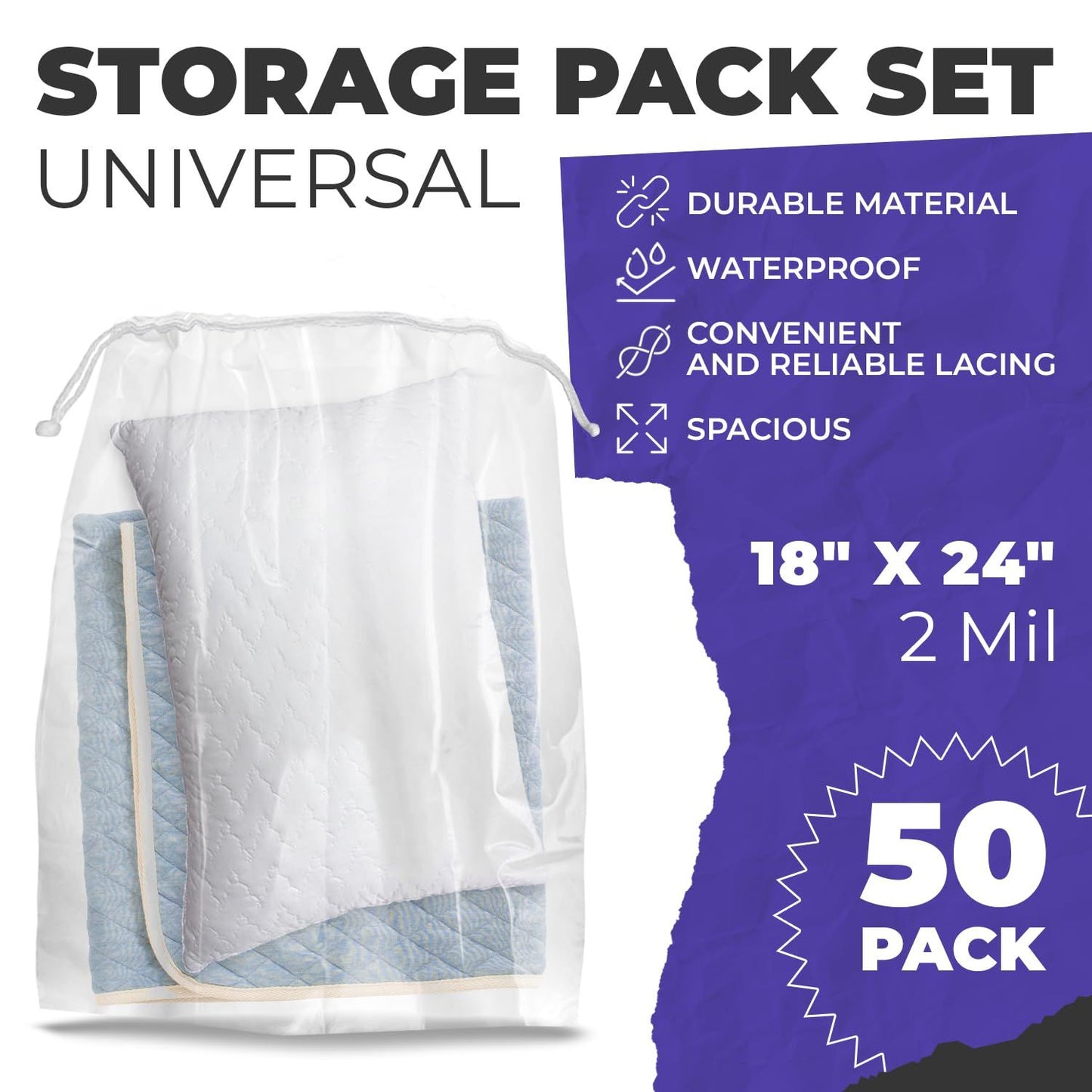 Clear Drawstring Bag, 18 x 24 Inches. Pack of 50 Clear Plastic Drawstring Bags. 2 Mil Drawstring Clear Plastic Bags. Waterproof Clear Plastic Bags Drawstring for Cosmetics, Toiletries