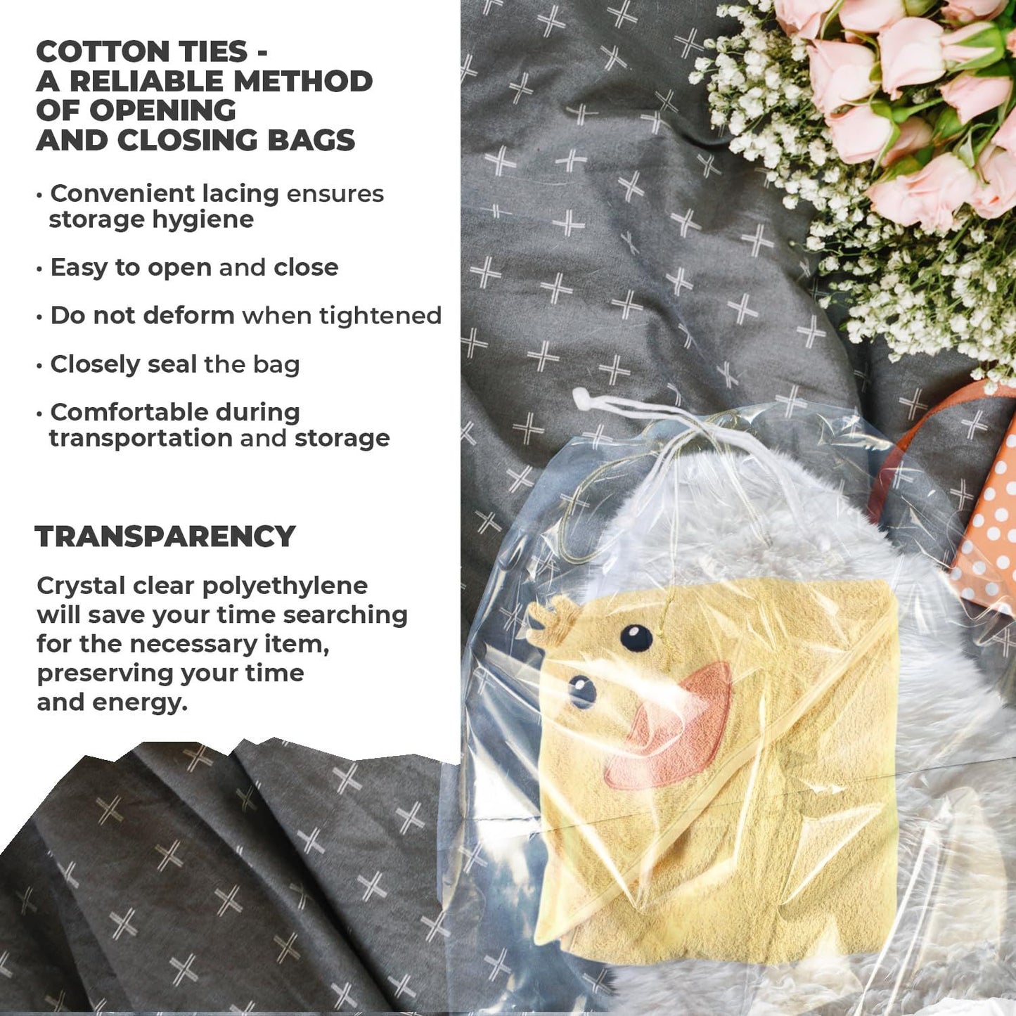 Clear Drawstring Bag, 18 x 24 Inches. Pack of 50 Clear Plastic Drawstring Bags. 2 Mil Drawstring Clear Plastic Bags. Waterproof Clear Plastic Bags Drawstring for Cosmetics, Toiletries