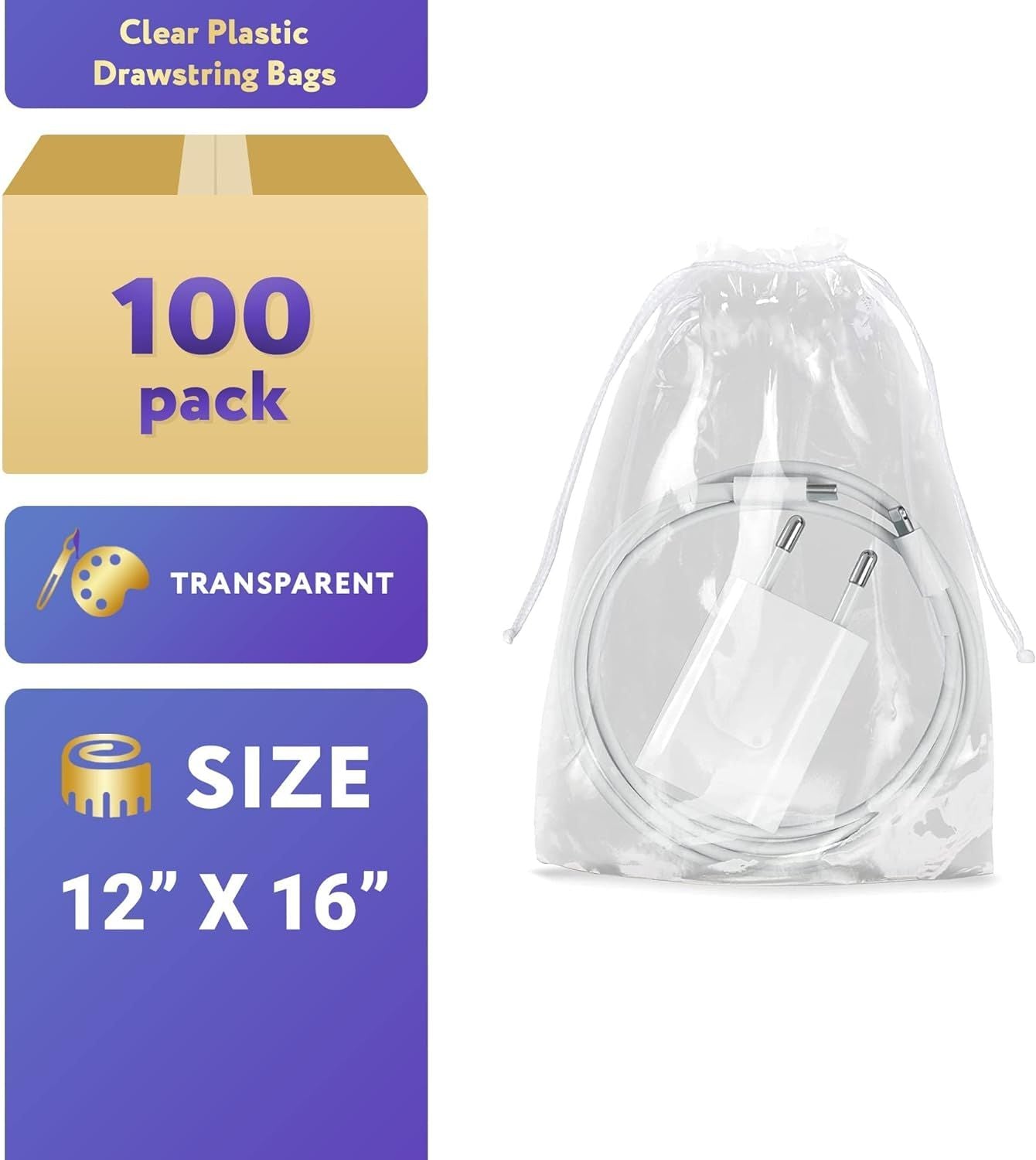 Clear Plastic Drawstring Bags 12" x 16" Pack of 100 Clear Bags for Gifts 2 Mil Polyethylene Drawstring Gift Bags; Water-Resistant Plastic Shoe Bags 12x16 for Travel with Double Cotton Drawstrings