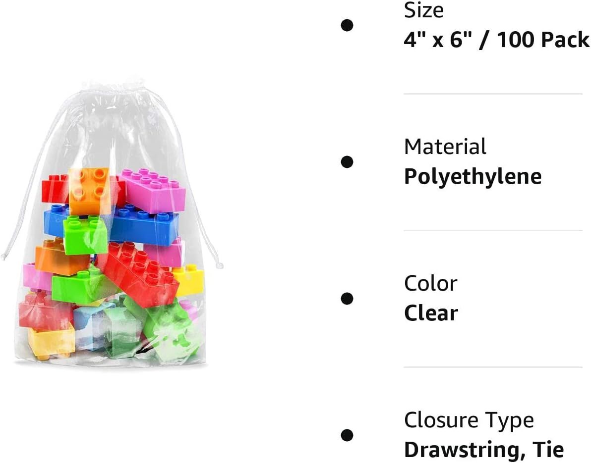 Clear Plastic Drawstring Bags 4" x 6"; Pack of 100 Clear Bags for Gifts 2 Mil Polyethylene Drawstring Gift Bags; Water-Resistant Plastic Shoe Bags 4x6 for Travel with Double Cotton Drawstrings
