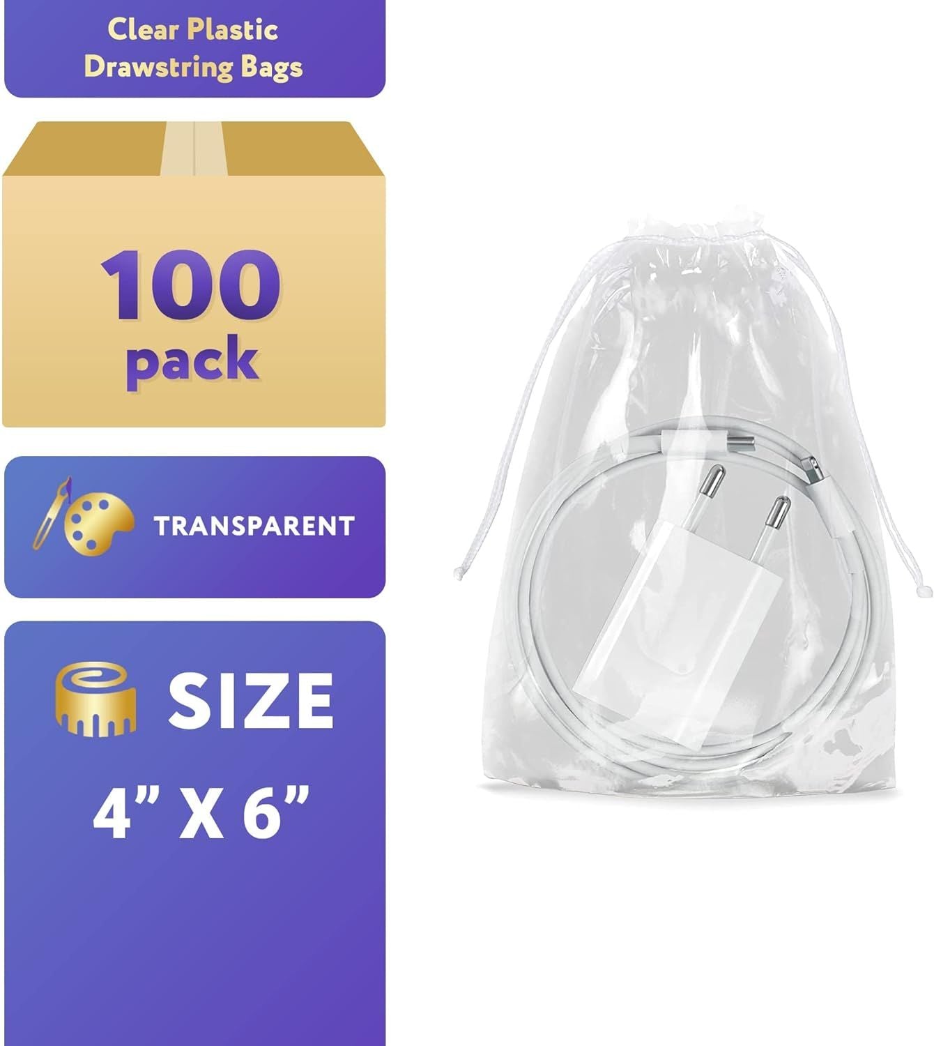 Clear Plastic Drawstring Bags 4" x 6"; Pack of 100 Clear Bags for Gifts 2 Mil Polyethylene Drawstring Gift Bags; Water-Resistant Plastic Shoe Bags 4x6 for Travel with Double Cotton Drawstrings