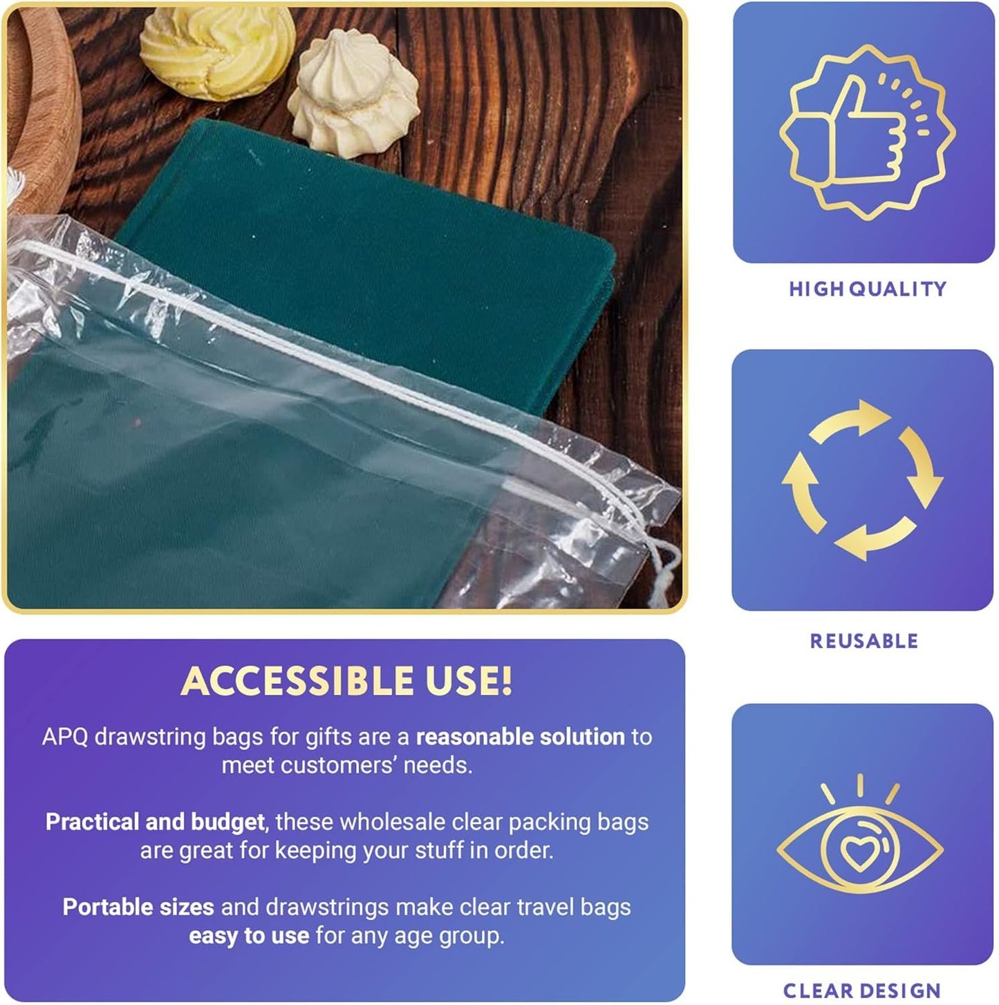 Clear Plastic Drawstring Bags 4" x 6"; Pack of 100 Clear Bags for Gifts 2 Mil Polyethylene Drawstring Gift Bags; Water-Resistant Plastic Shoe Bags 4x6 for Travel with Double Cotton Drawstrings