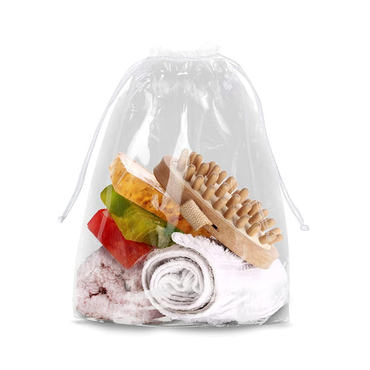 Clear Plastic Drawstring Bags 8" x 10"; Pack of 50 Clear Bags for Gifts 2 Mil Polyethylene Drawstring Gift Bags; Water-Resistant Plastic Shoe Bags 8x10 for Travel with Double Cotton Drawstrings