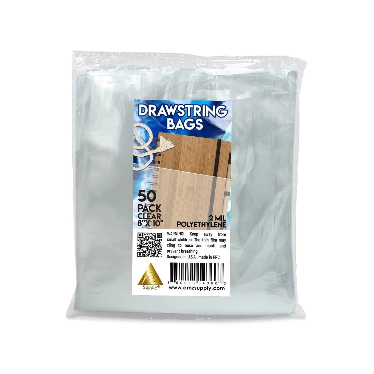 Clear Plastic Drawstring Bags 8" x 10"; Pack of 50 Clear Bags for Gifts 2 Mil Polyethylene Drawstring Gift Bags; Water-Resistant Plastic Shoe Bags 8x10 for Travel with Double Cotton Drawstrings