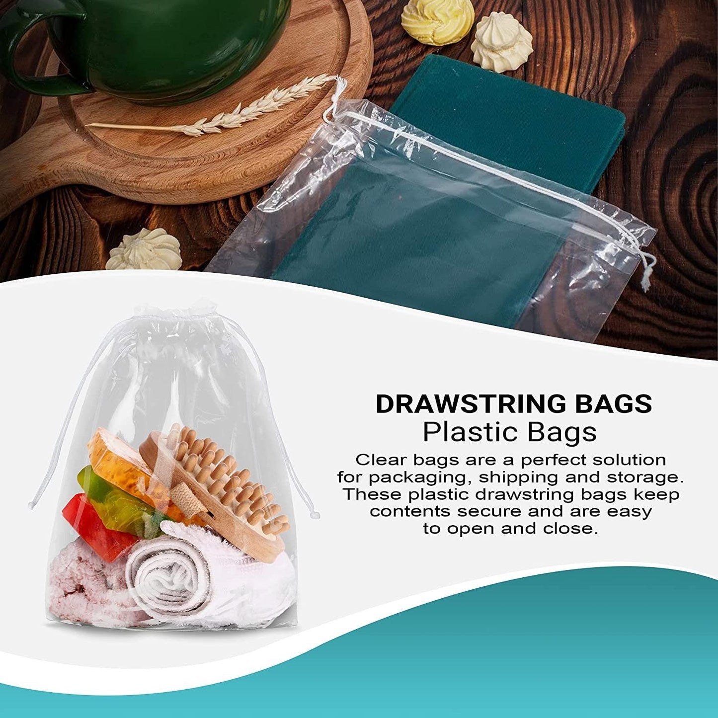 Clear Plastic Drawstring Bags 8" x 10"; Pack of 50 Clear Bags for Gifts 2 Mil Polyethylene Drawstring Gift Bags; Water-Resistant Plastic Shoe Bags 8x10 for Travel with Double Cotton Drawstrings