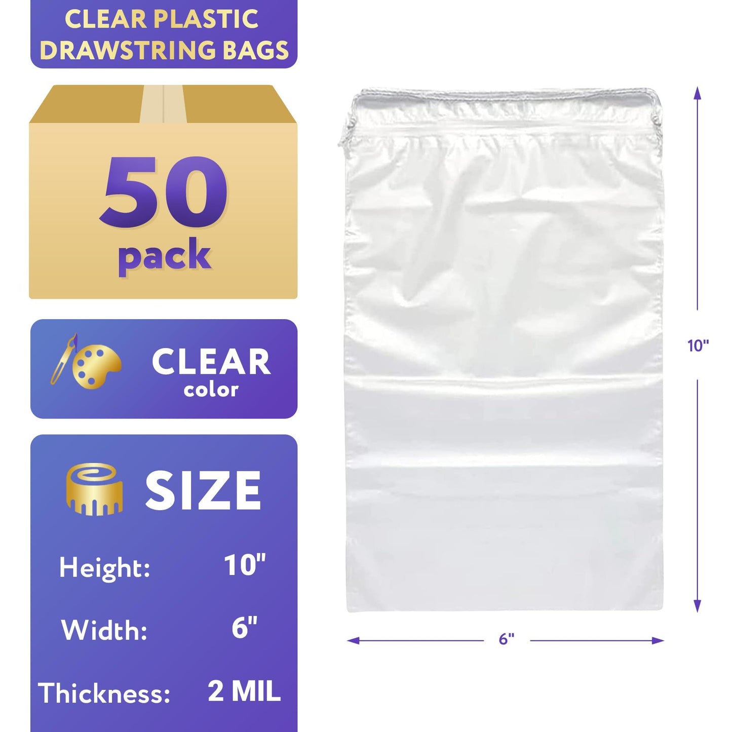 Clear Drawstring Bag, 6 x 10 Inches. Pack of 50 Clear Plastic Drawstring Bags. 2 Mil Drawstring Clear Plastic Bags. Waterproof Clear Plastic Bags Drawstring for Cosmetics, Toiletries