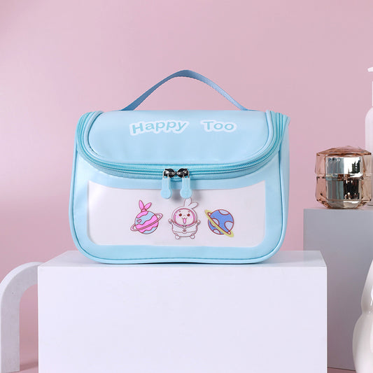 Custom logo wholesale travel waterproof happy too cosmetic bag pu pvc hanging clear washbag with visible window