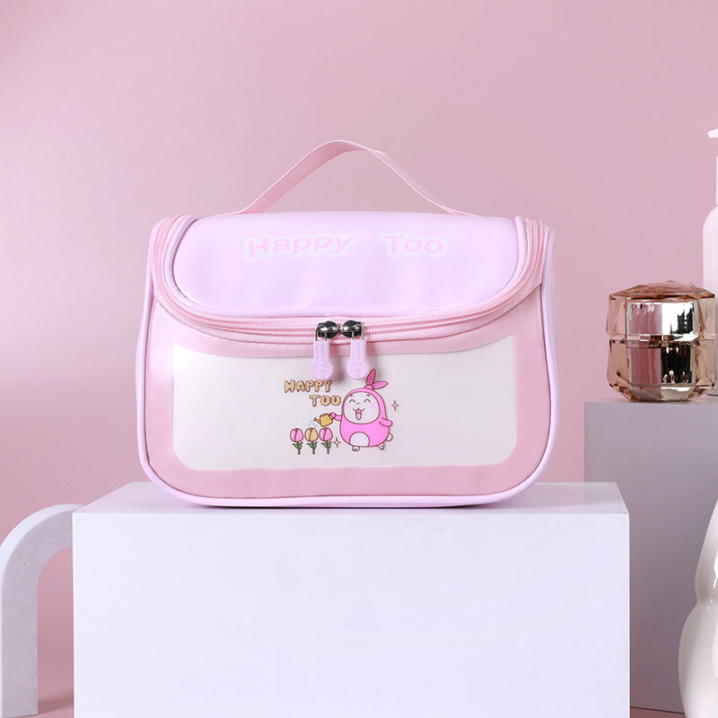 Custom logo wholesale travel waterproof happy too cosmetic bag pu pvc hanging clear washbag with visible window