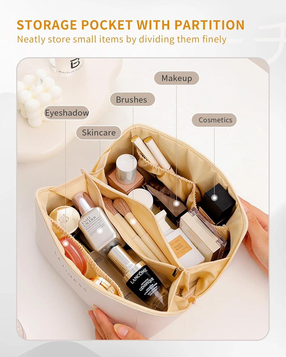 Cosmetic Bag Makeup Vanity Case with Large Capacity, Waterproof PU Material, Multiple Compartments with Zipper Closure