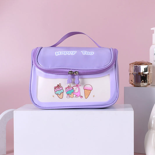 Custom logo wholesale travel waterproof happy too cosmetic bag pu pvc hanging clear washbag with visible window