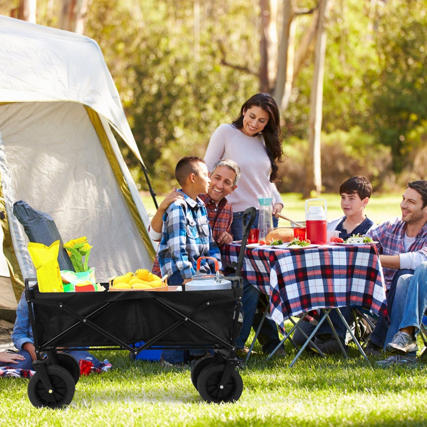200L Collapsible Folding Wagon Cart With Drink Holders Adjustable Handle 440LBS Load Capacity Foldable Utility Outdoor Wagon With All-Terrain Wheels and Brake For Camping Shopping Garden